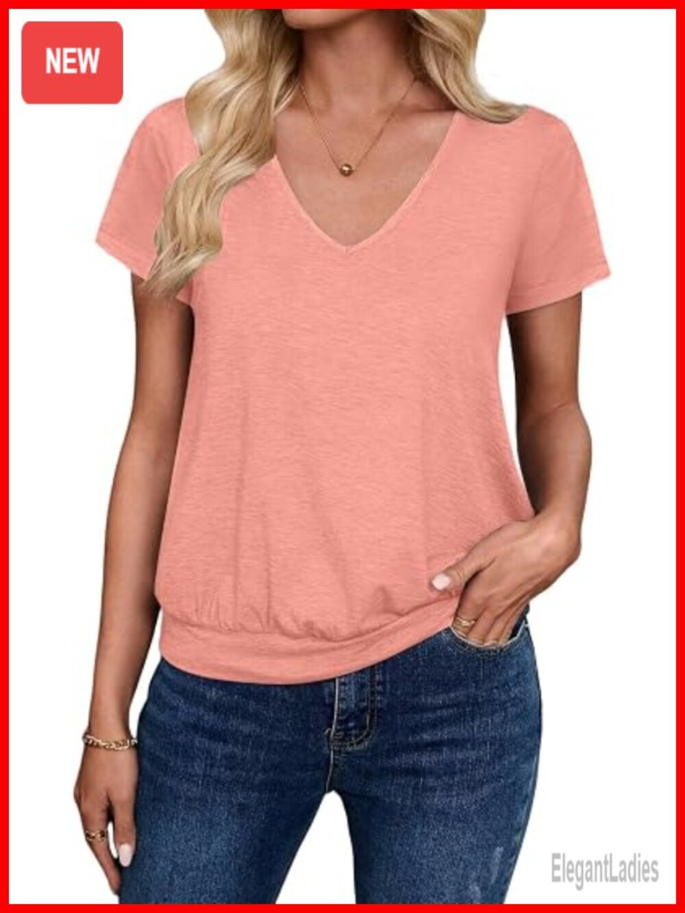 Women's V-Neck Short Sleeve T-Shirt with Banded Bottom - Casual Summer Top